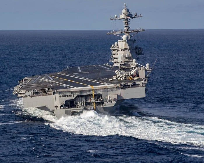 Tàu USS Gerald R Ford thực hiện chuyển hướng tốc độ cao ở Đại Tây Dương. Ảnh: US NAVY/Connor Loessin Tàu USS Gerald R Ford thực hiện chuyển hướng tốc độ cao ở Đại Tây Dương. Ảnh: US NAVY/Connor Loessin