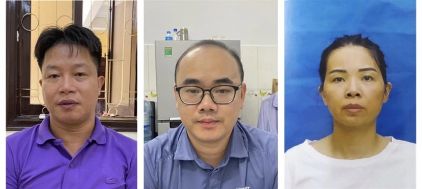 Các bị can (từ trái qua phải): Nguyễn Xuân Thọ, Phạm Quang Hậu, Nguyễn Thị Ngọc.