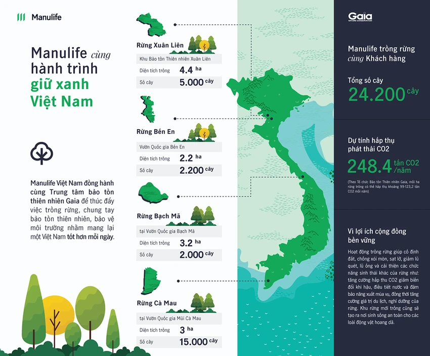 Manulife đặt mục tiêu phủ xanh hơn 4 khu rừng trải dài ở miền Bắc - Trung - Nam, với cam kết trồng 24.200 cây, tương đương 12,8 héc ta rừng trong năm 2023.