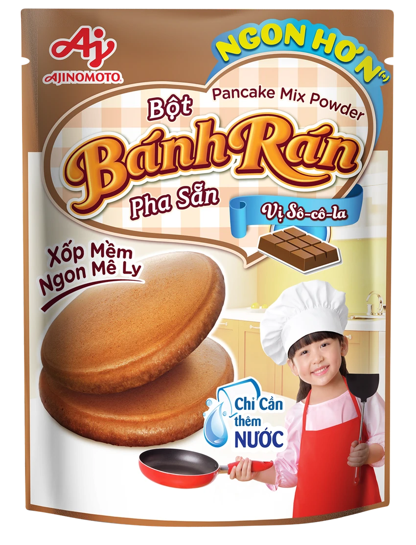 Bột bánh rán pha sẵn vị sô-cô-la với công thức cải tiến giảm vị đắng mới. Bột bánh rán pha sẵn vị sô-cô-la với công thức cải tiến giảm vị đắng mới.