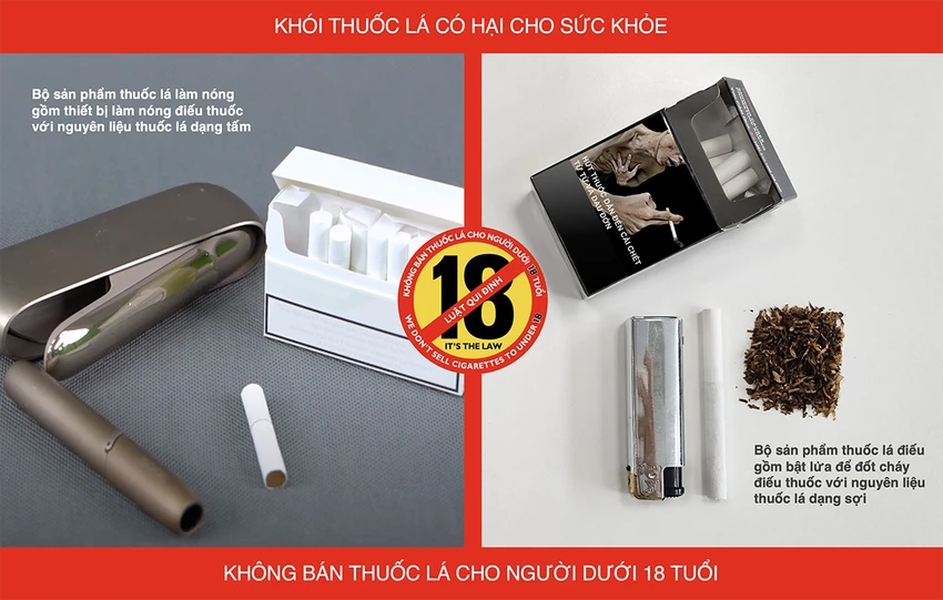 Bộ sản phẩm thuốc lá làm nóng (bên trái) và thuốc lá điếu truyền thống (bên phải). Bộ sản phẩm thuốc lá làm nóng (bên trái) và thuốc lá điếu truyền thống (bên phải).