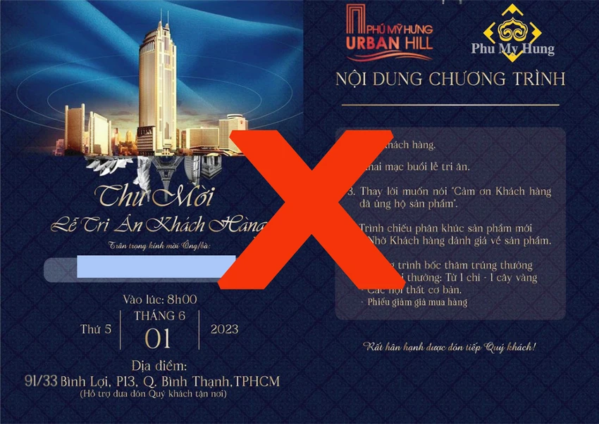 Một trong những thư mời giả mạo thương hiệu Phú Mỹ Hưng. Một trong những thư mời giả mạo thương hiệu Phú Mỹ Hưng.