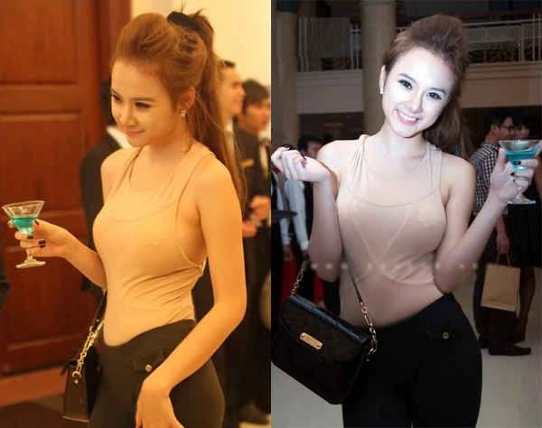“Bà mẹ nhí” Angela Phương Trinh từng diện áo màu nude ôm sát làm lộ rõ miếng dán ngực trong buổi ra mắt album mới của một ca sĩ đàn anh. Trong khi các khách mời khác đều ăn mặc đúng mực, nữ diễn viên trẻ trở nên lạc lõng vì cách ăn vận thiếu tinh tế. Còn nhớ hình ảnh đình đám khi mới chuyển sang phong cách sexy của Angela Phương Trinh, tại buổi ra mắt album của ca sĩ Quang Hà, “bà mẹ nhí” diện áo màu nude ôm sát làm lộ rõ miếng dán ngực.