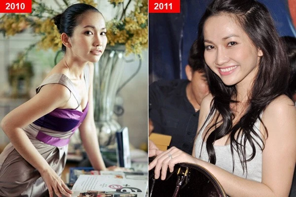 Kim Hiền: Năm 2010 khi mới ly hôn DJ Phong, nữ diễn viênDốc tìnhxuất hiện với vẻ ngoài không mấy tươi tắn và vòng một gần như phẳng lỳ. Nhưng chỉ một năm sau, cô thay đổi rất nhiều. Vướng nghi án nâng ngực và cả sửa mũi, Kim Hiền dường như tự tin hơn trong việc diện những bộ đồ có đường cắt cúp táo bạo để khoe vẻ sexy, cuốn hút. Nhập mô tả cho ảnh