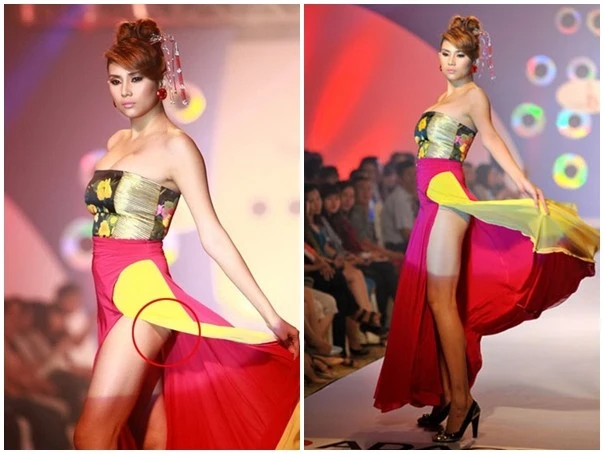 Á hậu Hoàn vũ là một trong những người đẹp gặp sự cố sàn diễn nhiều nhất. Trong một buổi diễn do mải mê thực hiện động tác hất tà váy, vòng 3 của Hoàng Yến bị phơi bày lộ liễu trước hàng trăm khán giả. Nhập mô tả cho ảnh