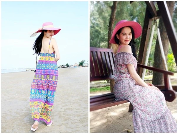 Váy maxi dáng dài có màu sắc tươi trẻ được nhiều tín đồ thời trang diện đi biển, Ngọc Trinh là một trong số đó. Nữ người mẫu duyên dáng hơn khi kết hợp cùng mũ rộng vành. Nhập mô tả cho ảnh