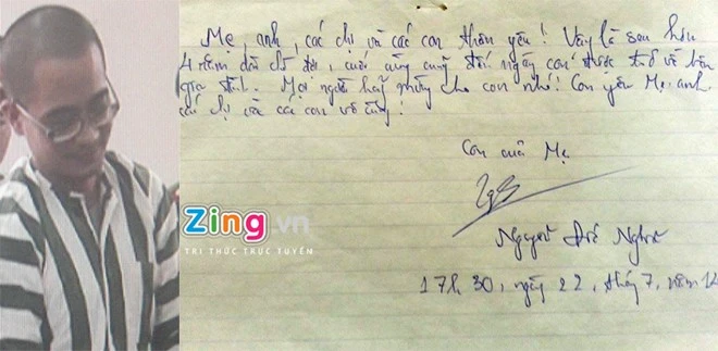 Nguyễn Đức Nghĩa mỉm cười trước giờ thi hành án tử hình vào chiều hôm qua (22-7). Trước khi thi hành án, Nghĩa đã viết lá thư gửi người thân. Tử tù Nghĩa viết gì trong lá thư trước giờ thi hành án
