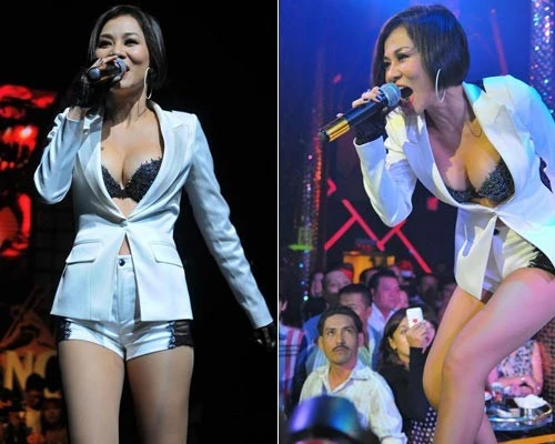 Ca sĩ Thu Minh không ngại ngần bỏ ngỏ khuy ngực khoe thân hình bốc lửa trên sân khấu. Sao Việt 'quên' cài khuy áo ngực, khoe khéo vòng 1 bốc lửa
