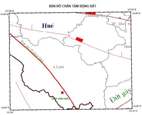 Bản đồ trận động đất ở A Lưới ngày 22/12