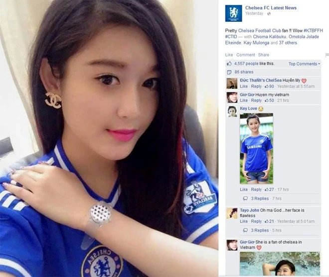 Hình ảnh Á hậu Huyền My được đăng tải trên fanpage có 7 triệu người theo dõi của CLB Chelsea. Hình ảnh Á hậu Huyền My được đăng tải trên fanpage có 7 triệu người theo dõi của CLB Chelsea.