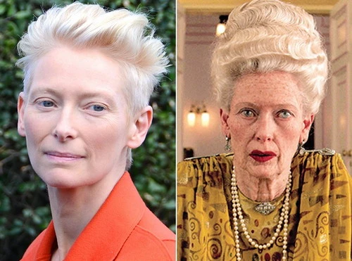 Phần hóa trang của minh tinh Tilda Swinton trong bộ phim "The Grand Budapest Hotel" (ảnh phải). Phần hóa trang của minh tinh Tilda Swinton trong bộ phim 'The Grand Budapest Hotel' (ảnh phải).