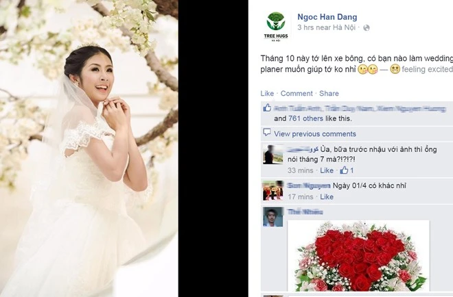 Ngọc Hân lên xe hoa vào tháng 10: Hoa hậu Việt Nam 2010 đăng ảnh mặc váy cưới cùng dòng chia sẻ: "Tháng 10 này tớ lên xe bông, có bạn nào làm wedding planer muốn giúp tớ không nhỉ?". Bên cạnh những lời chúc mừng, nhiều người cho rằng đây chỉ là trò đùa nhân ngày Cá tháng Tư của người đẹp. Sao Việt tung hỏa mù ngày Cá tháng Tư