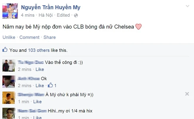 Với tình yêu dành cho môn thể thao vua, Á hậu Việt Nam 2014 Huyền My chia sẻ về việc cô muốn nộp đơn gia nhập câu lạc bộ bóng đá nữChelsea. Sao Việt tung hỏa mù ngày Cá tháng Tư