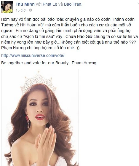Thu Minh kêu gọi ủng hộ đàn em trên trang cá nhân. Ảnh:Chụp màn hình Sao Việt dự đoán Phạm Hương lọt top 3 Hoa hậu Hoàn vũ