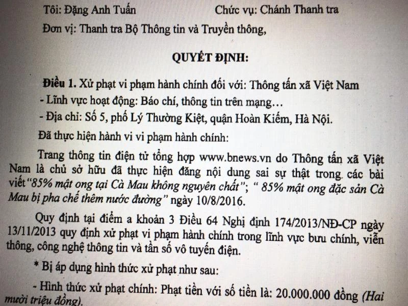Bị phạt 20 triệu vì đưa tin sai sự thật về mật ong rừng ảnh 1 Bị phạt 20 triệu vì đưa tin sai sự thật về mật ong rừng ảnh 1