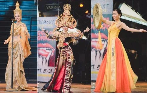 Nguyễn Thị Loan vào tốp 3 Trang phục Dân tộc đẹp nhất ảnh 1 Top 3 trang phục dân tộc đẹp nhất: Thái Lan, Indonesia và Việt Nam (từ trái sang). Ảnh VNE.