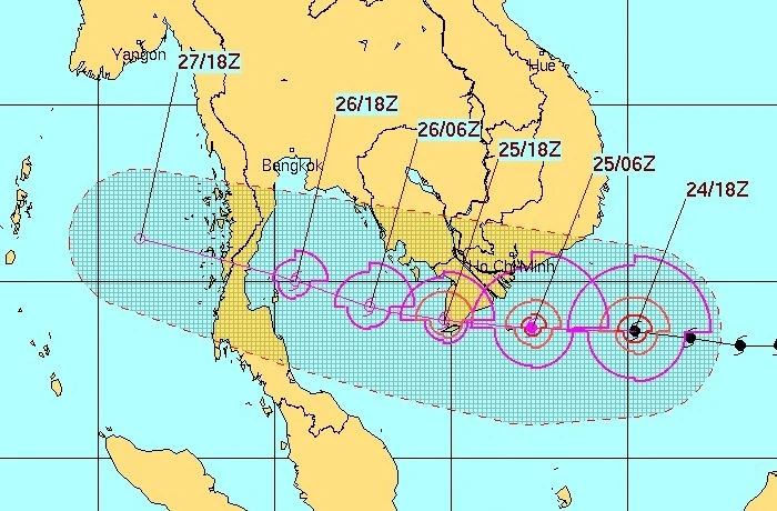 Dự báo vị trí và đường đi của bão. Ảnh: Hải quân Mỹ Dự báo vị trí và đường đi của bão. Ảnh: Hải quân Mỹ