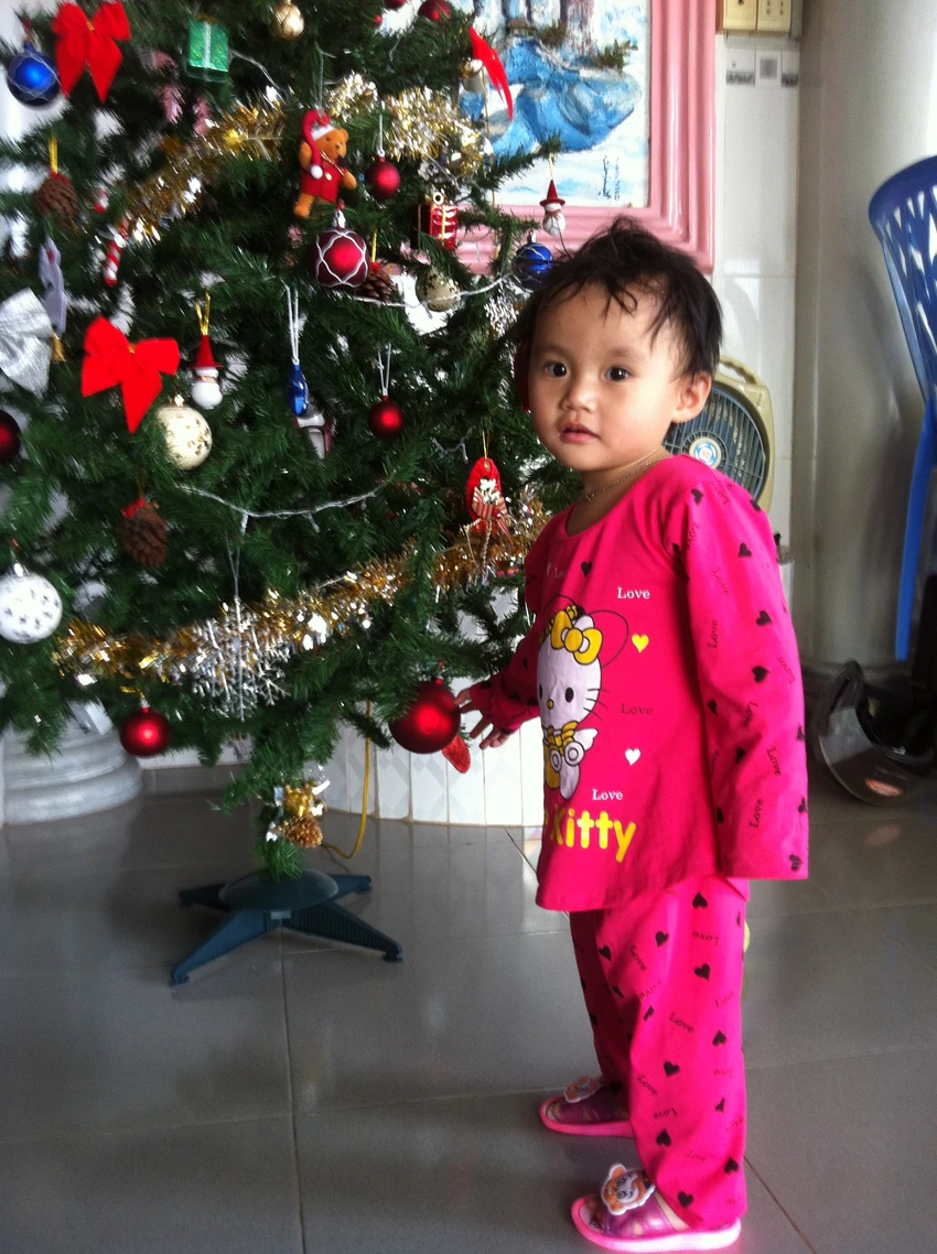 Em bé bên cây thông noel. Ảnh: KIM THỦY Em bé bên cây thông noel. Ảnh: KIM THỦY