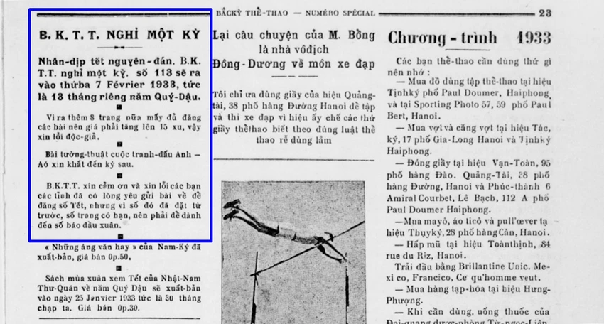 Báo Bắc Kỳ thể thao số đặc biệt 1933 thông báo nghỉ Tết. Ảnh: ĐÌNH BA