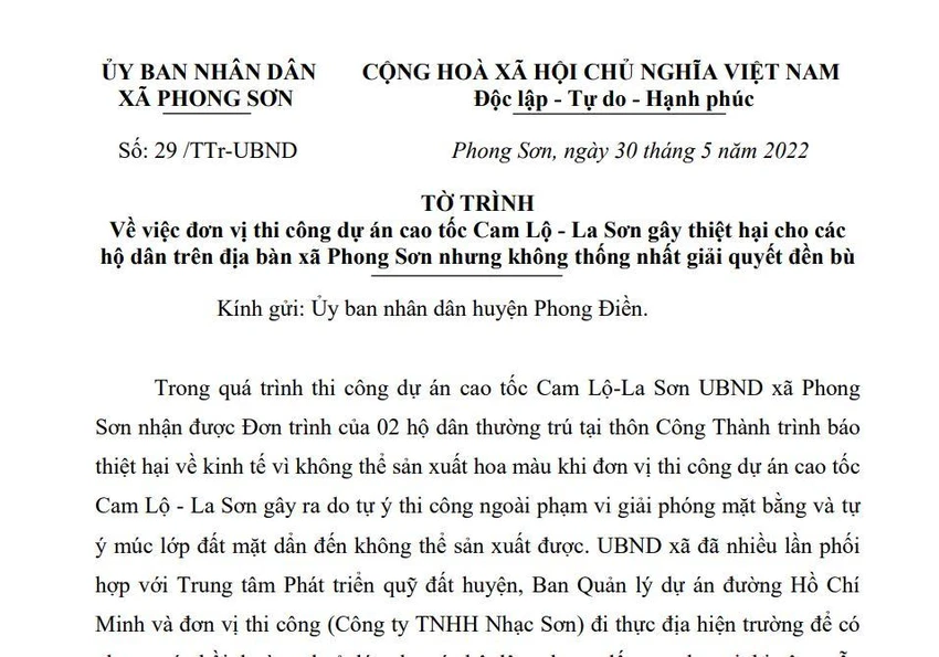 UBND xã Phong Xuân gửi tờ trình đến UBND huyện Phong Điền về việc đơn vị thi công gây thiệt hại cho hộ dân nhưng không thống nhất giải quyết đền bù. UBND xã Phong Xuân gửi tờ trình đến UBND huyện Phong Điền về việc đơn vị thi công gây thiệt hại cho hộ dân nhưng không thống nhất giải quyết đền bù.