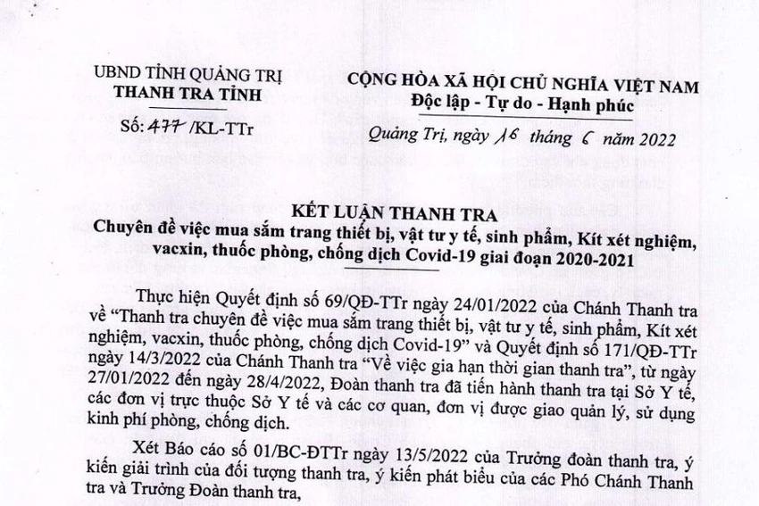 Kết luận của thanh tra tỉnh Quảng Trị. Kết luận của thanh tra tỉnh Quảng Trị.