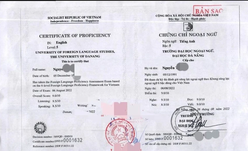 Chứng chỉ ngoại ngữ giả của chị M. Chứng chỉ ngoại ngữ giả của chị M.