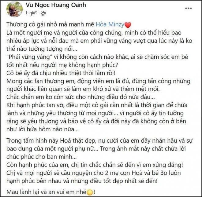 Thời điểm Hoàng Oanh an ủi Hòa Minzy, cô đã dùng nhiều câu nói sâu sắc như ẩn chứa những tâm tư của riêng mình. Ảnh: FBNV. Thời điểm Hoàng Oanh an ủi Hòa Minzy, cô đã dùng nhiều câu nói sâu sắc như ẩn chứa những tâm tư của riêng mình. Ảnh: FBNV.