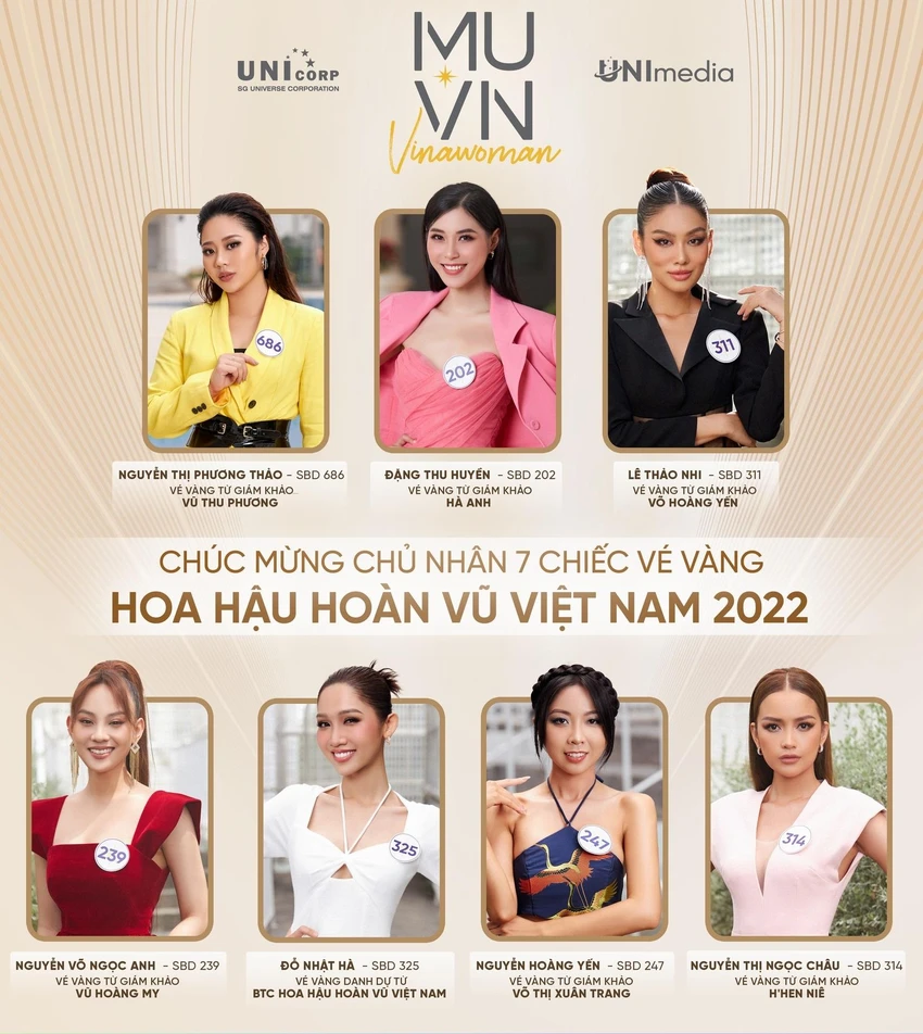 7 thí sinh giành được vé vàng của Hoa hậu Hoàn vũ Việt Nam 2022. Ảnh: BTC. 7 thí sinh giành được vé vàng của Hoa hậu Hoàn vũ Việt Nam 2022. Ảnh: BTC.