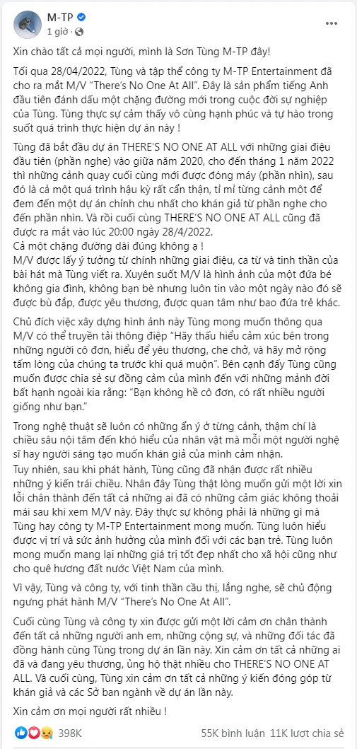 Nguyên văn bài chia sẻ của Sơn Tùng M-TP sau khi MV gây tranh cãi. Ảnh: Chụp màn hình. Nguyên văn bài chia sẻ của Sơn Tùng M-TP sau khi MV gây tranh cãi. Ảnh: Chụp màn hình.