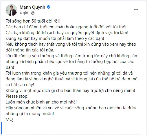 Bài viết được ca sĩ Mạnh Quỳnh đăng tải trên trang cá nhân. Ảnh: Chụp màn hình. Bài viết được ca sĩ Mạnh Quỳnh đăng tải trên trang cá nhân. Ảnh: Chụp màn hình.