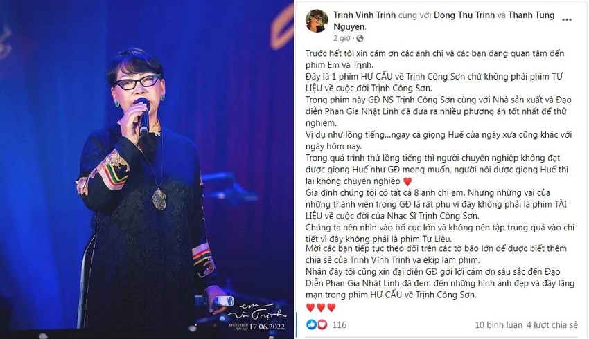 Nguyên văn bài chia sẻ của ca sĩ Trịnh Vĩnh Trinh. Ảnh: FBNV Nguyên văn bài chia sẻ của ca sĩ Trịnh Vĩnh Trinh. Ảnh: FBNV