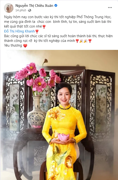 Bên cạnh lời dặn dò dành cho con gái Hồng Khanh, NSƯT Chiều Xuân cũng đã gửi lời chúc may mắn đến các sĩ tử trong kỳ thi tốt nghiệp THPT năm nay. Ảnh: Chụp màn hình. Bên cạnh lời dặn dò dành cho con gái Hồng Khanh, NSƯT Chiều Xuân cũng đã gửi lời chúc may mắn đến các sĩ tử trong kỳ thi tốt nghiệp THPT năm nay. Ảnh: Chụp màn hình.
