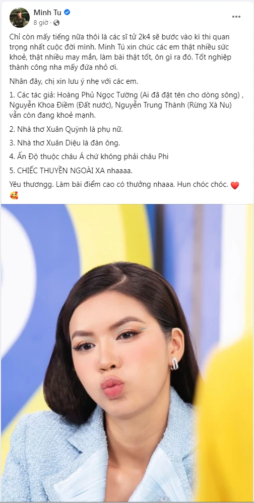 Không chỉ dành lời chúc tốt đẹp, siêu mẫu Minh Tú còn dành những lời dặn dò cho các thí sinh 2004 đầy hài hước. Ảnh: Chụp màn hình. Không chỉ dành lời chúc tốt đẹp, siêu mẫu Minh Tú còn dành những lời dặn dò cho các thí sinh 2004 đầy hài hước. Ảnh: Chụp màn hình.