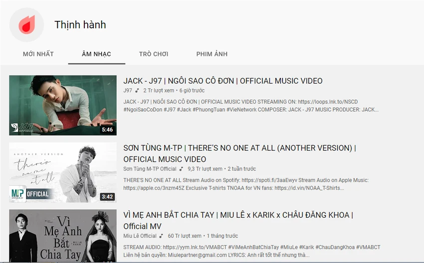 Tốp 3 mục âm nhạc thịnh hành của YouTube vào rạng sáng 20-7. Ảnh: Chụp màn hình. Tốp 3 mục âm nhạc thịnh hành của YouTube vào rạng sáng 20-7. Ảnh: Chụp màn hình.