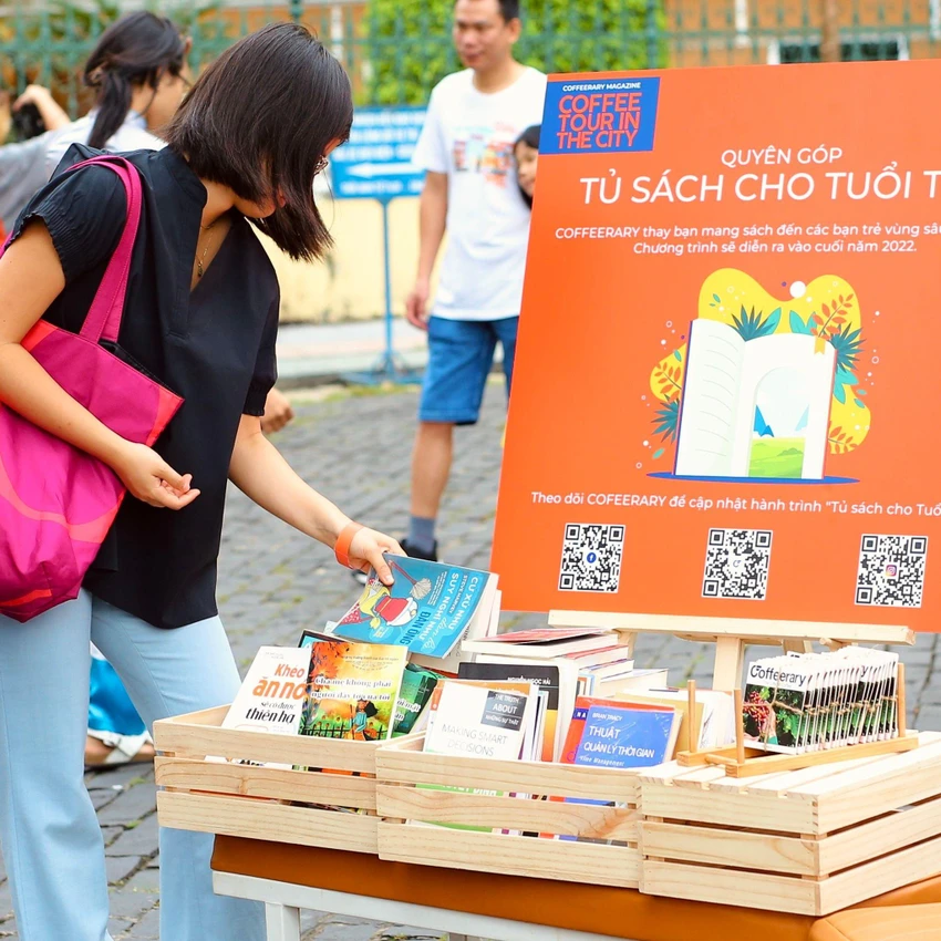 Góc quyên góp sách của Coffee tour in the City. Ảnh: BTC. Góc quyên góp sách của Coffee tour in the City. Ảnh: BTC.