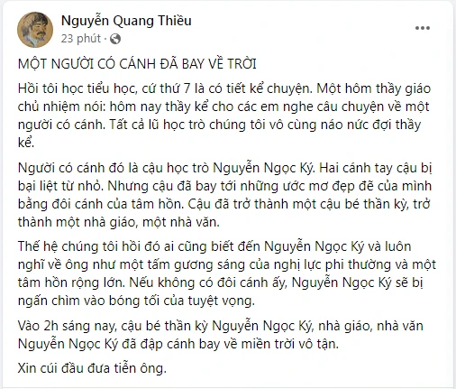 Nguyên văn bài chia sẻ của nhà thơ Nguyễn Quang Thiều. Ảnh: chụp màn hình. Nguyên văn bài chia sẻ của nhà thơ Nguyễn Quang Thiều. Ảnh: chụp màn hình.