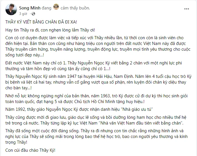 Nhà báo Song Minh đăng tải bài viết trên trang cá nhân bày tỏ lòng kính trọng và sự tiếc thương với người thầy giáo ưu tú đã rời xa cõi tạm. Ảnh: Chụp màn hình. Nhà báo Song Minh đăng tải bài viết trên trang cá nhân bày tỏ lòng kính trọng và sự tiếc thương với người thầy giáo ưu tú đã rời xa cõi tạm. Ảnh: Chụp màn hình.