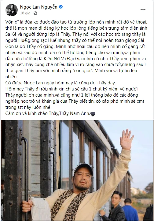 Diễn viên Ngọc Lan cũng chia sẻ kỉ niệm để tiễn biệt nghệ sĩ, nhà giáo Nam Anh. Ảnh: Chụp màn hình Diễn viên Ngọc Lan cũng chia sẻ kỉ niệm để tiễn biệt nghệ sĩ, nhà giáo Nam Anh. Ảnh: Chụp màn hình