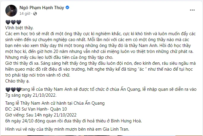 NSƯT Hạnh Thuý xót xa trước sự ra đi của nghệ sĩ, nhà giáo Trần Nam Anh. Ảnh: Chụp màn hình NSƯT Hạnh Thuý xót xa trước sự ra đi của nghệ sĩ, nhà giáo Trần Nam Anh. Ảnh: Chụp màn hình
