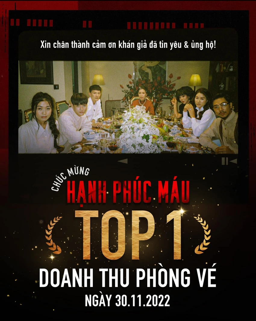"Hạnh phúc máu" dẫn đầu doanh thu phòng vé ngày 30-11. Ảnh: NSCC "Hạnh phúc máu" dẫn đầu doanh thu phòng vé ngày 30-11. Ảnh: NSCC
