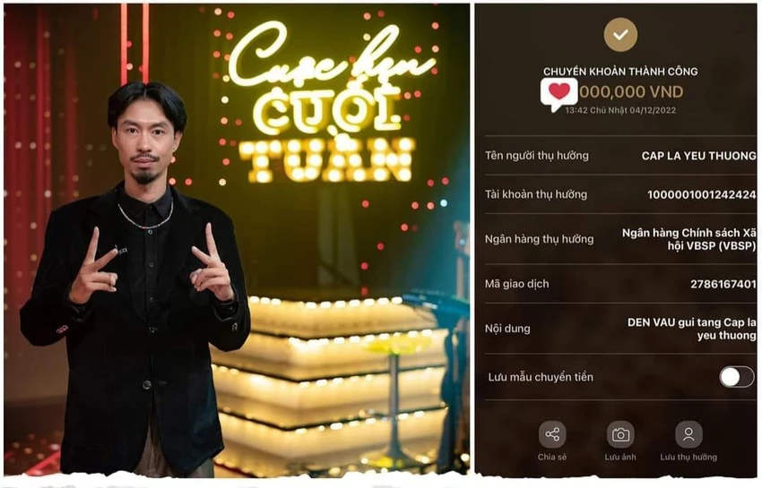 Đen Vâu chuyển hết cát xê cho chương trình Cặp lá yêu thương. Ảnh: Fanpage Cặp lá yêu thương Đen Vâu chuyển hết cát xê cho chương trình Cặp lá yêu thương. Ảnh: Fanpage Cặp lá yêu thương