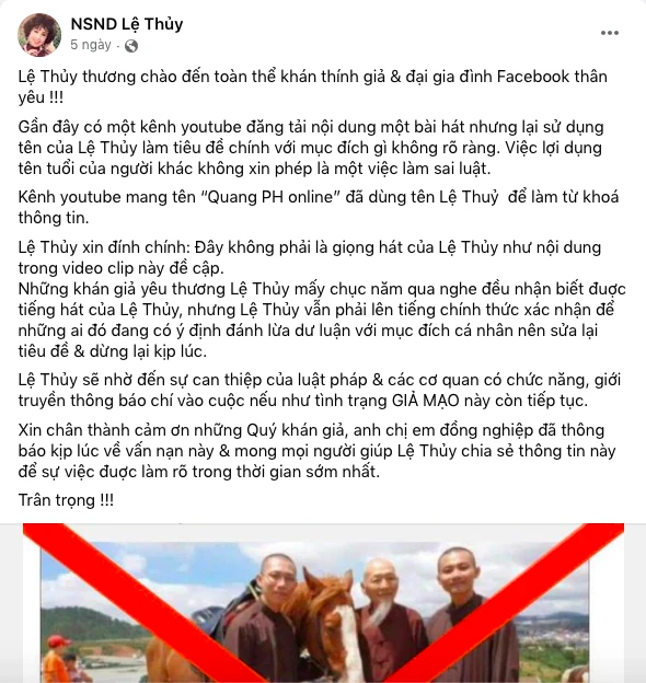 Bài đăng trên trang fanpage của NSND Lệ Thủy phủ nhận các thông tin liên quan đến tịnh thất Bồng Lai. Ảnh: Chụp màn hình. Bài đăng trên trang fanpage của NSND Lệ Thủy phủ nhận các thông tin liên quan đến tịnh thất Bồng Lai. Ảnh: Chụp màn hình.