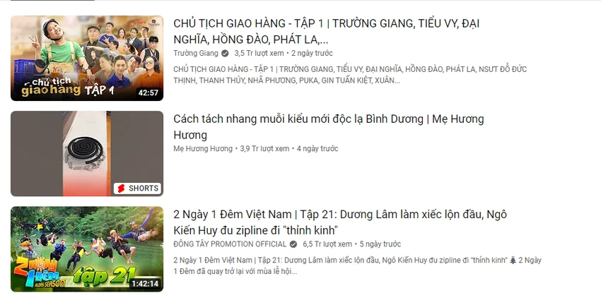 Top 3 tab thịnh hành Youtube. Ảnh: Chụp màn hình.