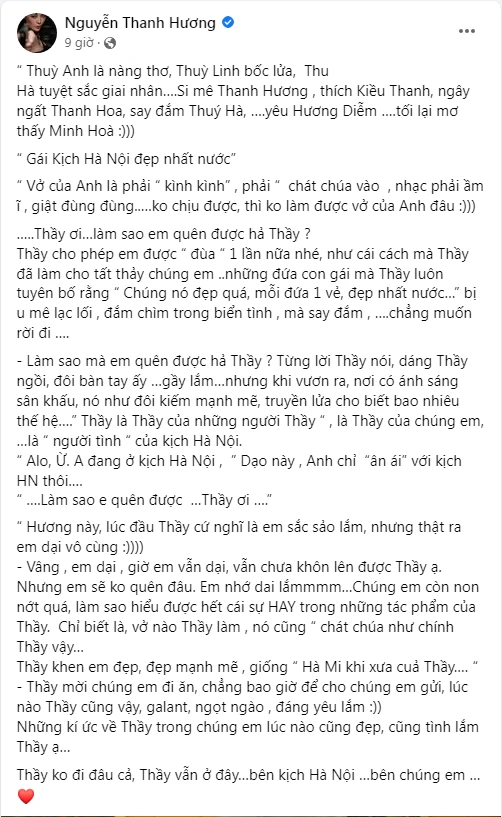 Diễn viên Thanh Hương cũng đã chia sẻ lại những kỷ niệm sâu sắc để tiễn biệt người thầy đáng kính của mình. Diễn viên Thanh Hương cũng đã chia sẻ lại những kỷ niệm sâu sắc để tiễn biệt người thầy đáng kính của mình.
