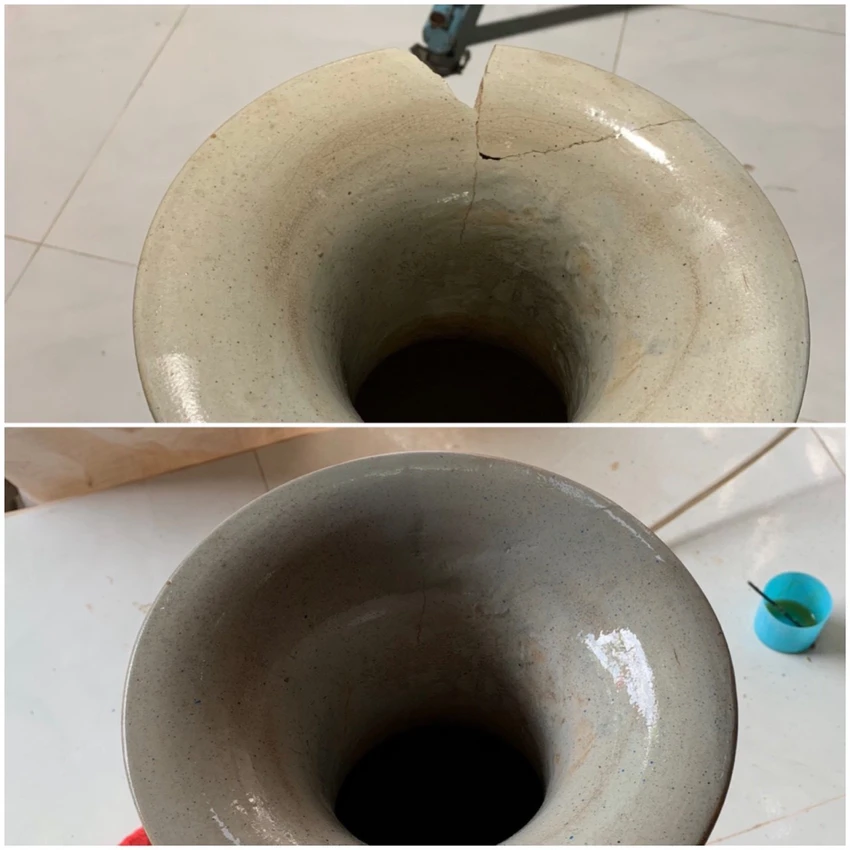 Miệng bình hoa trước và sau khi được trám lại chỗ khuyết. Ảnh: NVCC. Miệng bình hoa trước và sau khi được trám lại chỗ khuyết. Ảnh: NVCC.