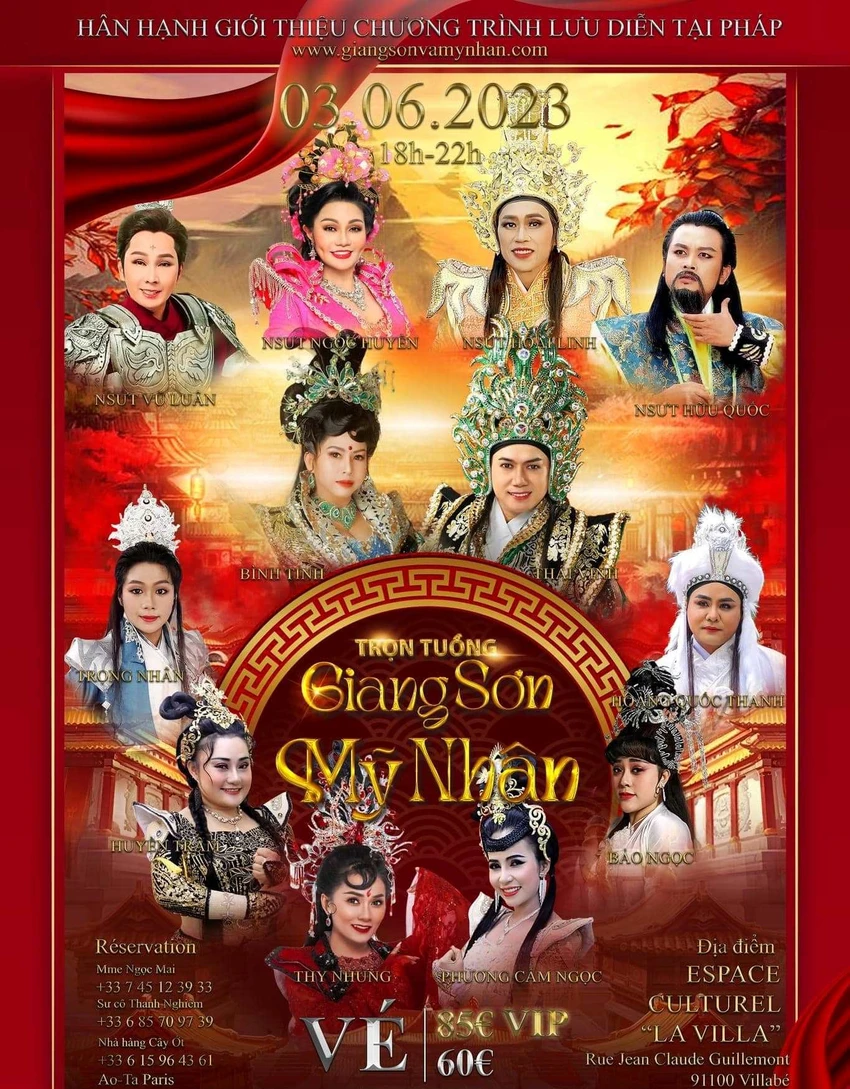 Poster vở "Giang sơn mỹ nhân" của đoàn Huỳnh Long tại Pháp. Ảnh: NSCC Poster vở "Giang sơn mỹ nhân" của đoàn Huỳnh Long tại Pháp. Ảnh: NSCC