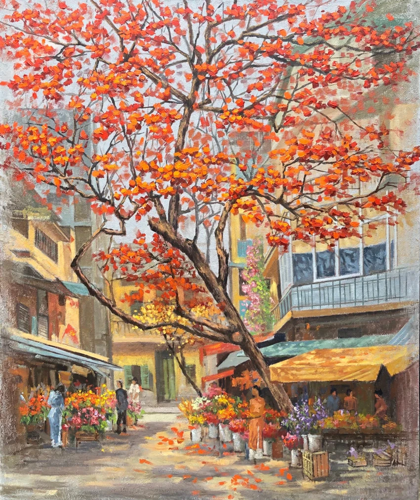 Tác phẩm phong cảnh "Phố Hà Nội rực rỡ sắc đỏ" của họa sĩ Quách Chiến Thắng Tác phẩm phong cảnh "Phố Hà Nội rực rỡ sắc đỏ" của họa sĩ Quách Chiến Thắng