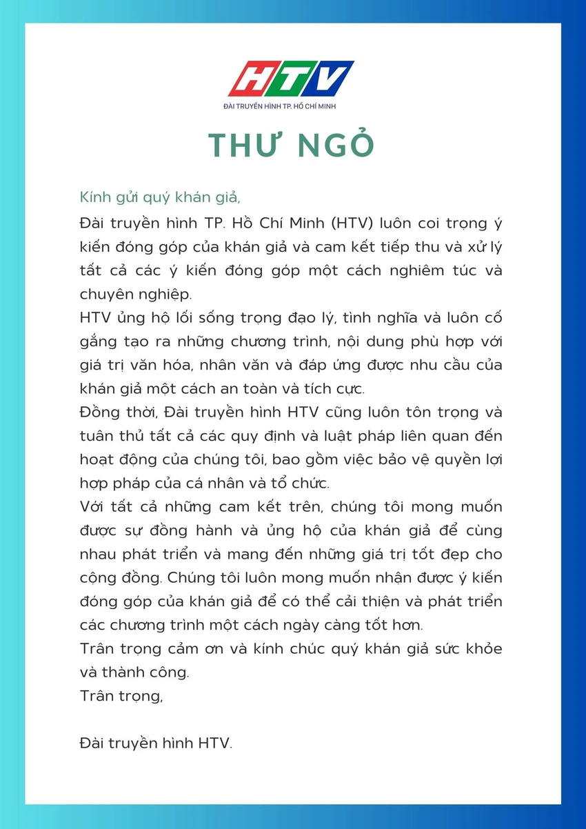 Thư ngỏ của HTV được đăng tải trên Fanpage. Ảnh: HTV - Đài truyền hình TP.HCM Thư ngỏ của HTV được đăng tải trên Fanpage. Ảnh: HTV - Đài truyền hình TP.HCM