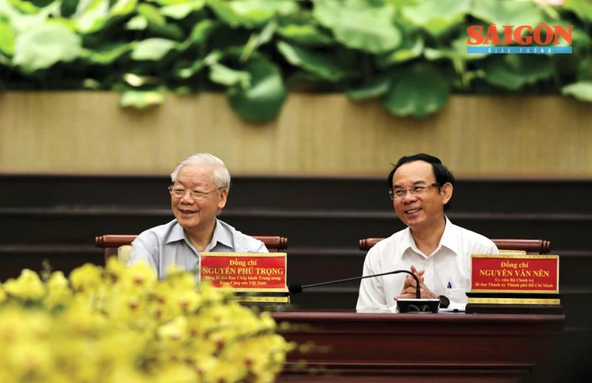 Tổng bí thư Nguyễn Phú Trọng và Bí thư Thành ủy TP.HCM Nguyễn Văn Nên tại buổi làm việc. Ảnh: VIỆT DŨNG/SGGP Tổng bí thư Nguyễn Phú Trọng và Bí thư Thành ủy TP.HCM Nguyễn Văn Nên tại buổi làm việc. Ảnh: VIỆT DŨNG/SGGP