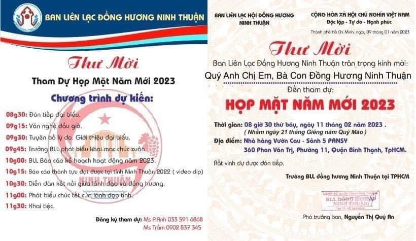 Thư mời họp mặt đồng hương Ninh Thuận tại TP.HCM nhân dịp năm mới Xuân Quý Mão. Thư mời họp mặt đồng hương Ninh Thuận tại TP.HCM nhân dịp năm mới Xuân Quý Mão.